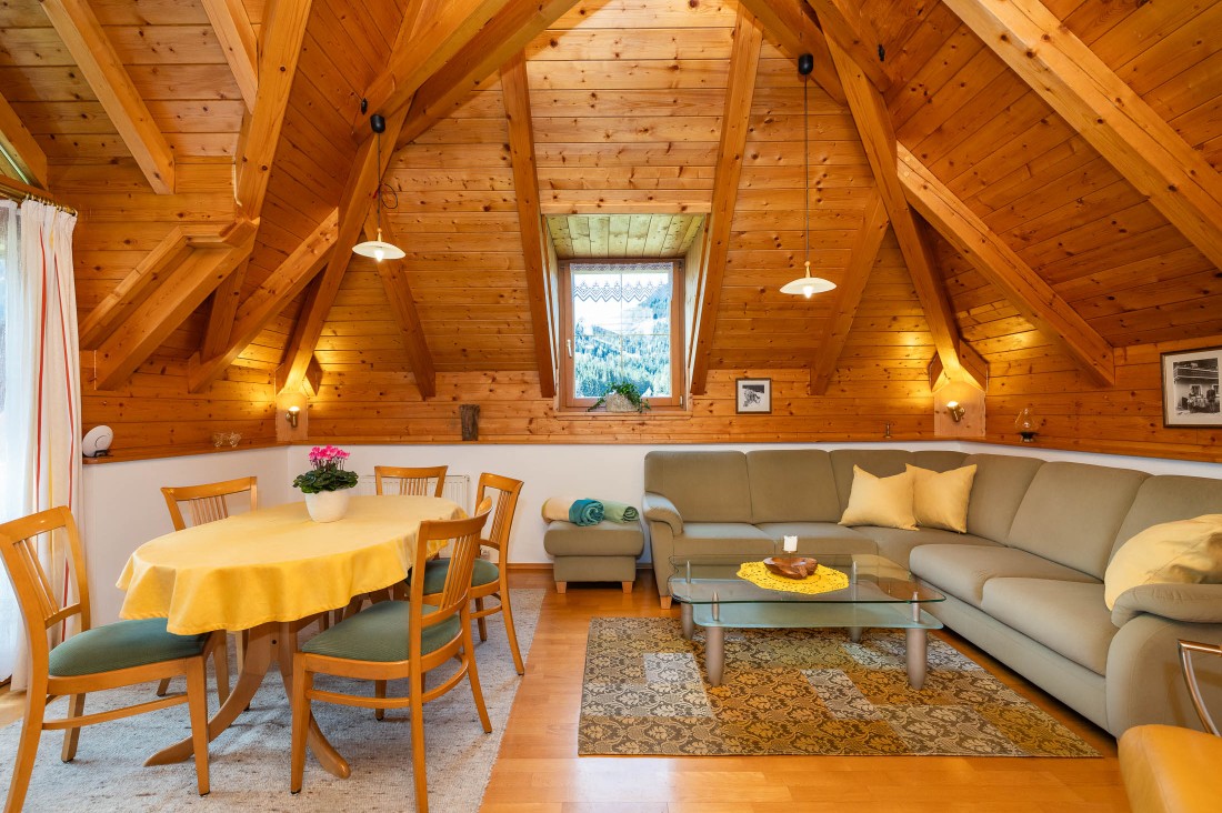 Wohnzimmer mit Holzdecke in der Turmwohnung
